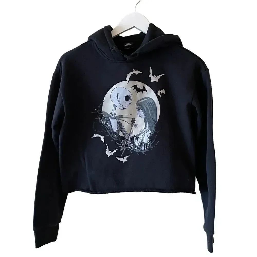 Disney Nightmare Before Christmas  Black  Raw Hem Cropped Jack Sally Hoodie SZ S